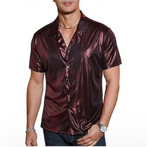 VTG Pop Icon Mens Shiny Red Metallic Short Sleeve Button Up Shirt L Disco Party